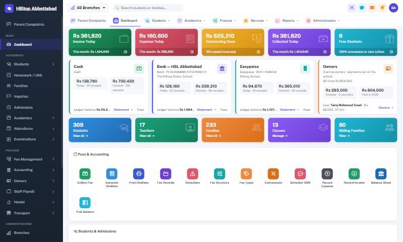 The School Smart ERP dashboard — today's collection, outstanding dues, cash and bank balances, students, teachers and classes at a glance