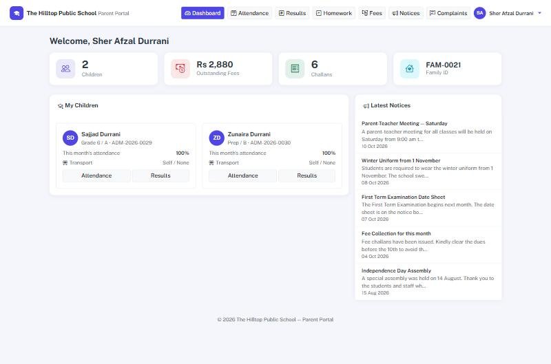 Parent portal — What a parent sees: dues, attendance, results and notices — on the web and in the app.