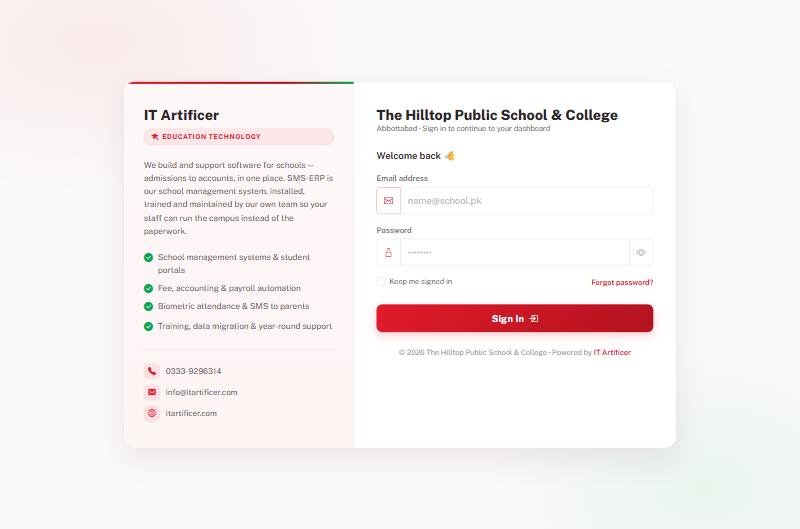 The sign-in page, carrying the school's name and the IT Artificer panel