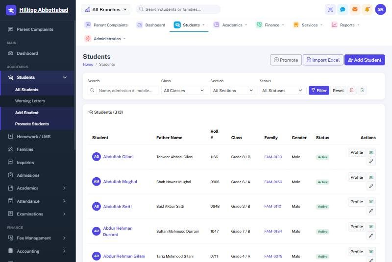 The student register with search, class and status filters
