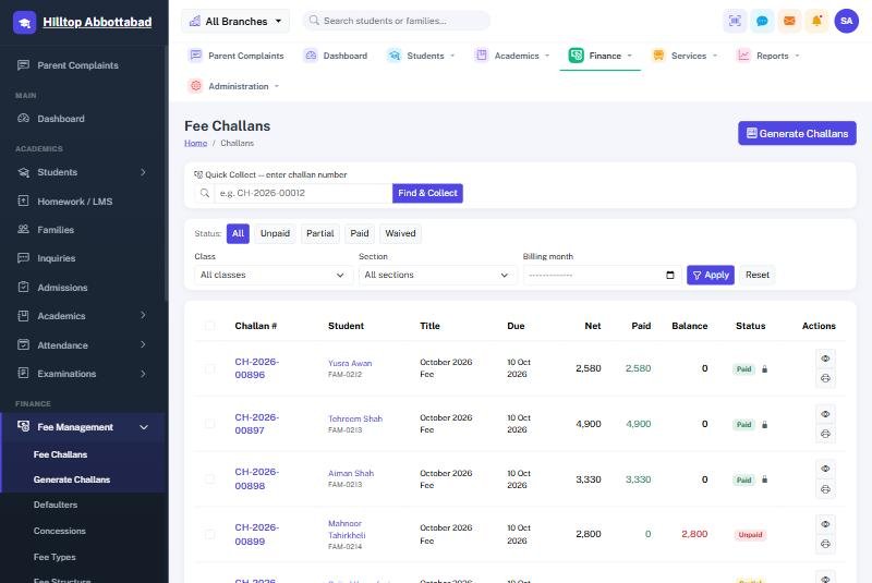 The fee challan list with status filters and a quick collect box