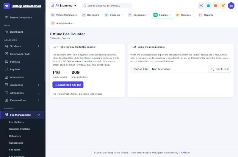 The offline fee counter screen with the day file download and the collection file upload