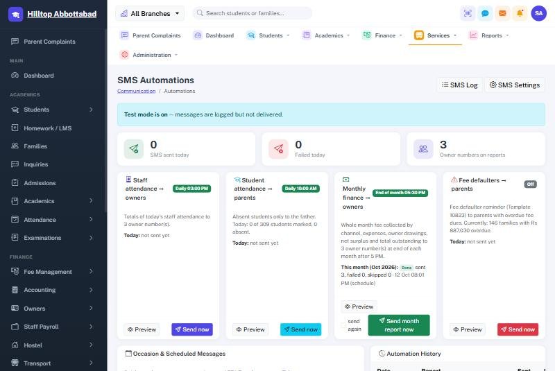 SMS automations showing the daily staff attendance, student attendance, monthly finance and defaulter messages