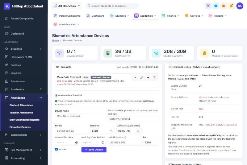 The biometric devices screen with terminal status and setup instructions